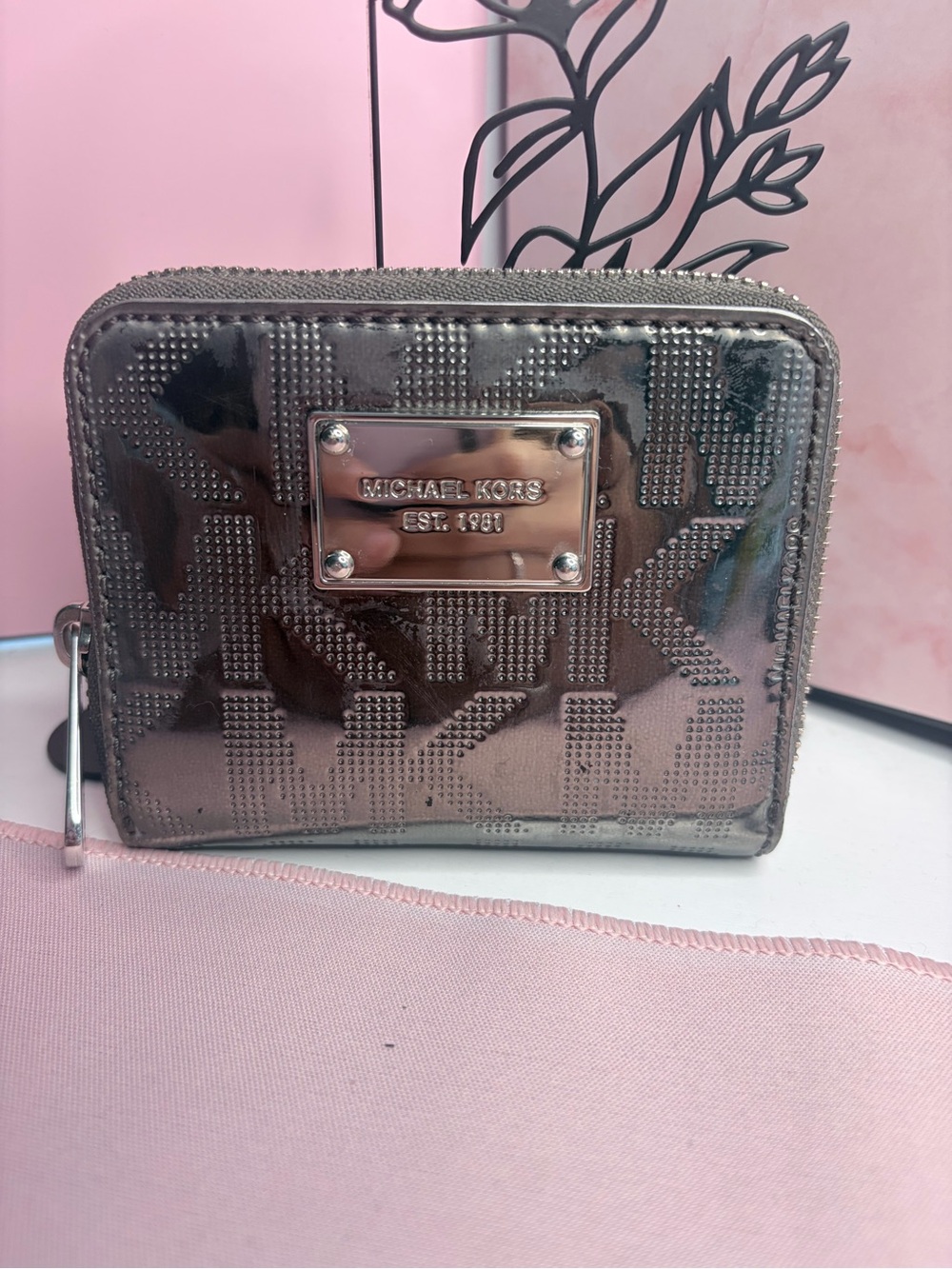 Michael Kors Metallic Pewter Zip-Around Card Wallet
